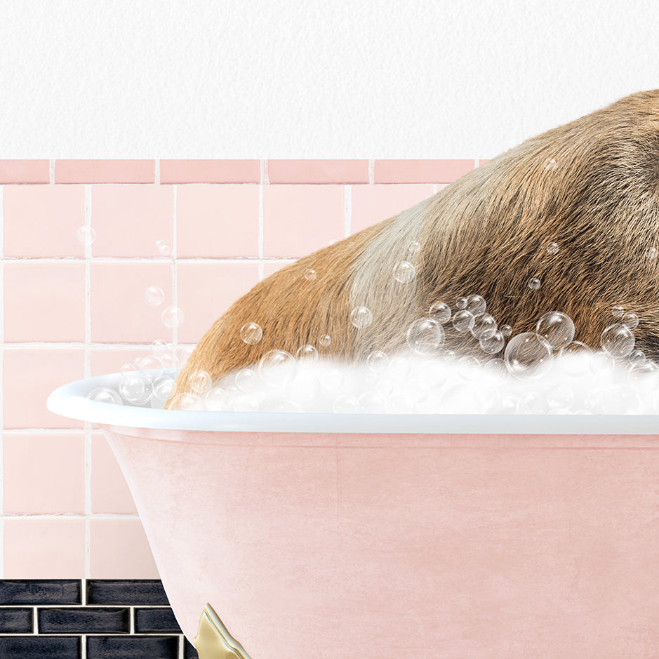 a dog taking a bath in a pink bathtub