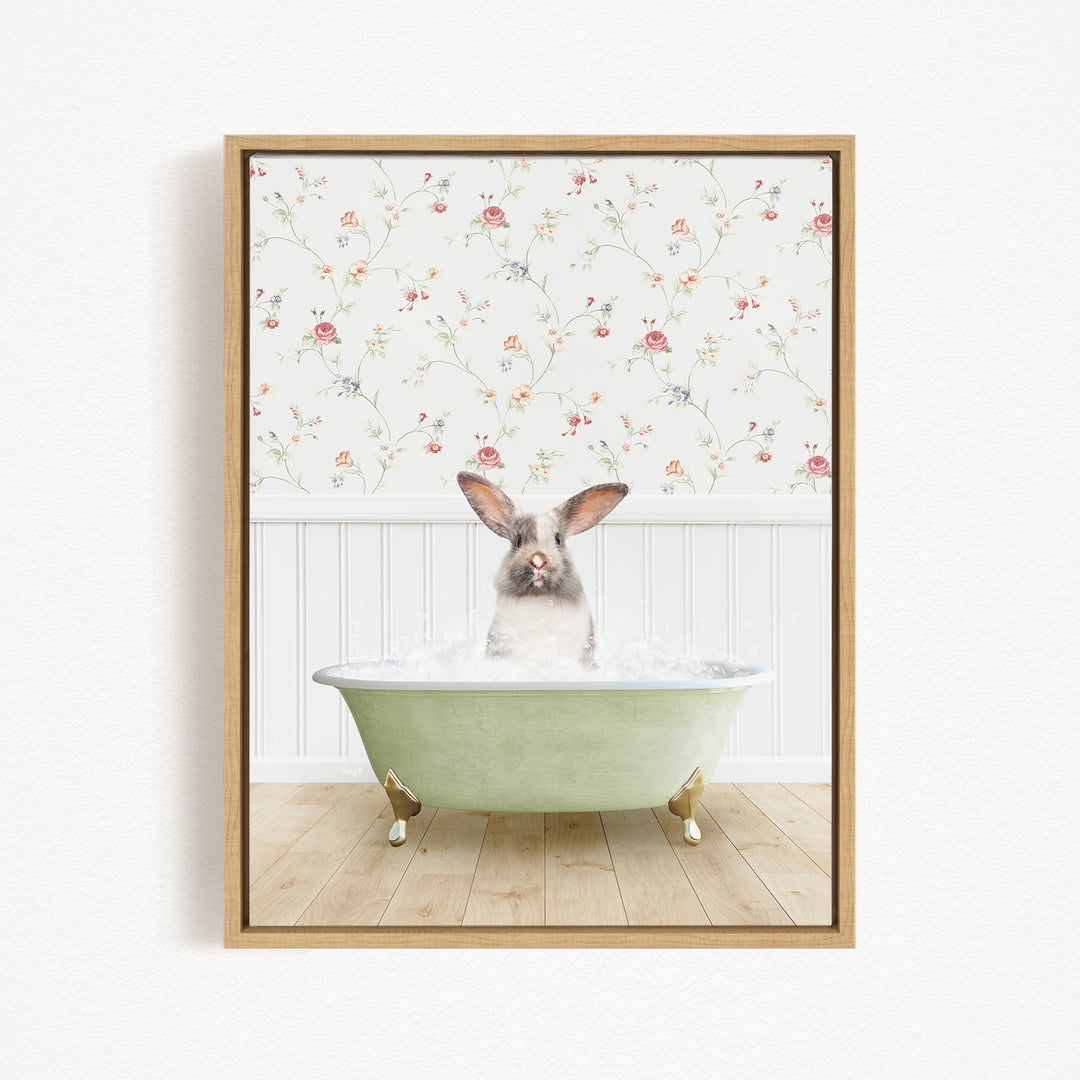 A fluffy white rabbit sits in a green bathtub, surrounded by a floral wallpaper.