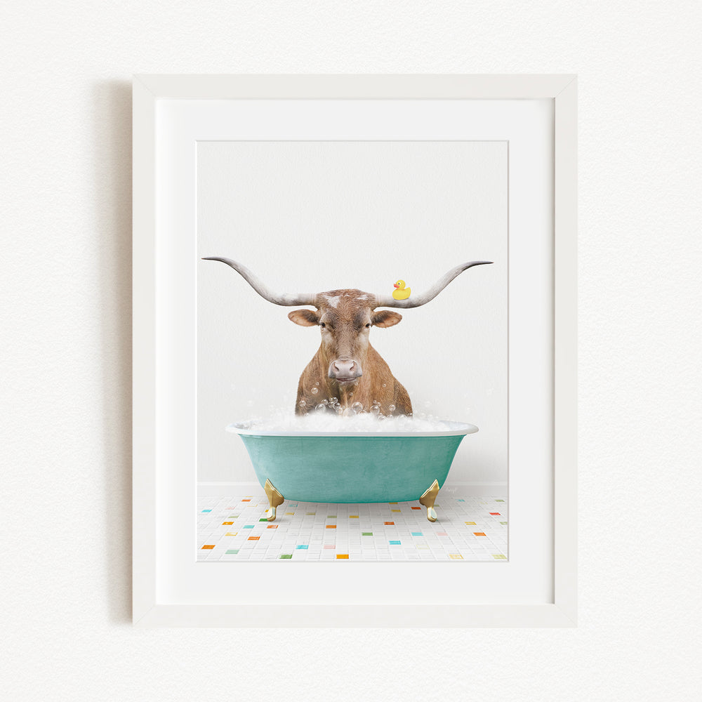 A brown cow with large horns is sitting in a blue bathtub, surrounded by small yellow birds.