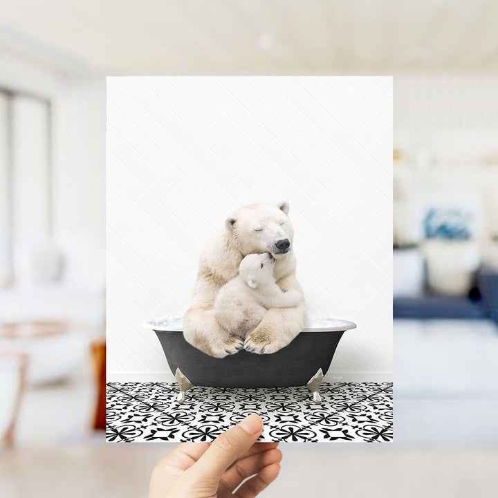A polar bear and its cub sitting in a bathtub, with the polar bear appearing to be hugging the cub.