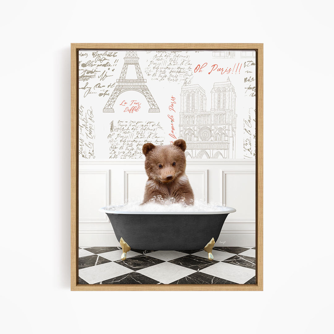 A teddy bear sitting in a bathtub filled with water, surrounded by a Paris-themed background with the Eiffel Tower and other landmarks.
