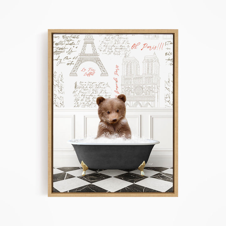 A teddy bear sitting in a bathtub filled with water, surrounded by a Paris-themed background with the Eiffel Tower and other landmarks.