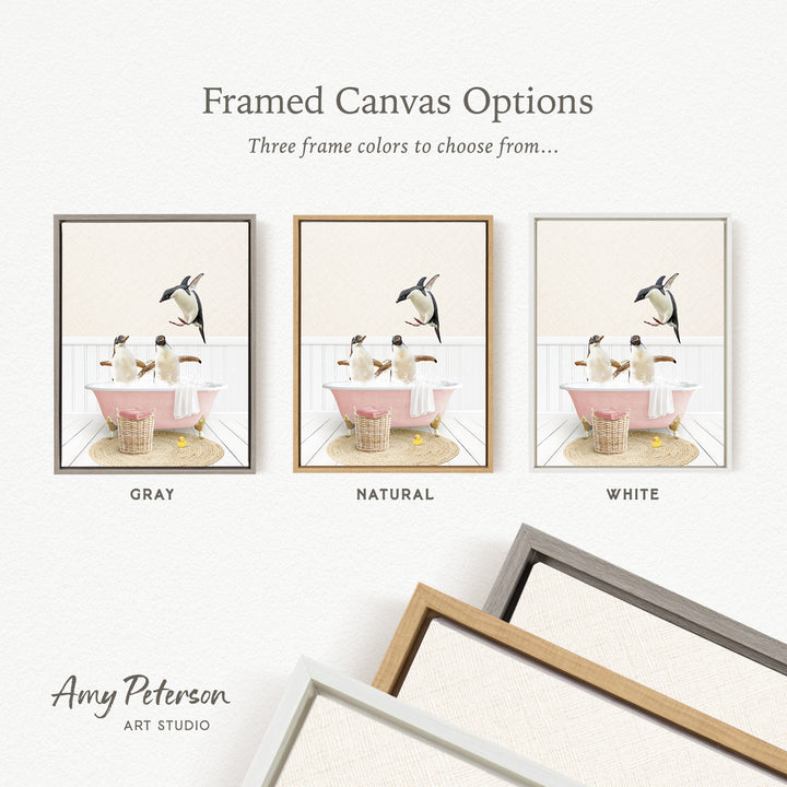 three framed canvas options, each featuring a different color: gray, natural, and white. The text above the images reads " Framed Canvas Options" and "Three frame colors to choose from...". The bottom of the image includes the text " Amy Peterson ART STUDIO".