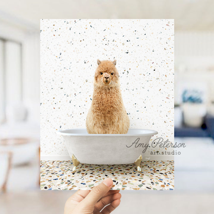 a hand holding up a card with a dog in a bathtub