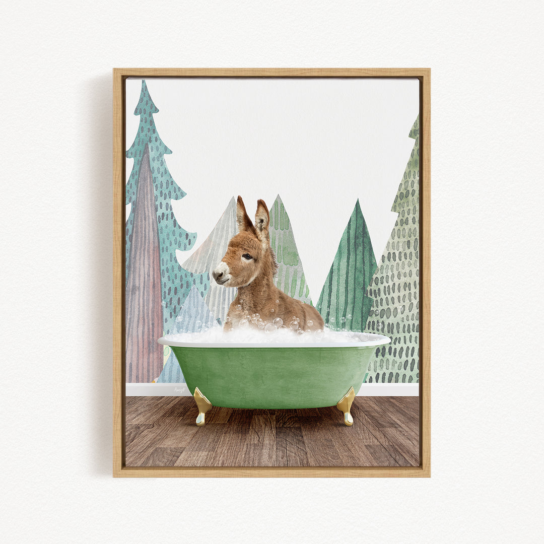 A donkey is sitting in a green bathtub filled with water, surrounded by stylized trees in the background.