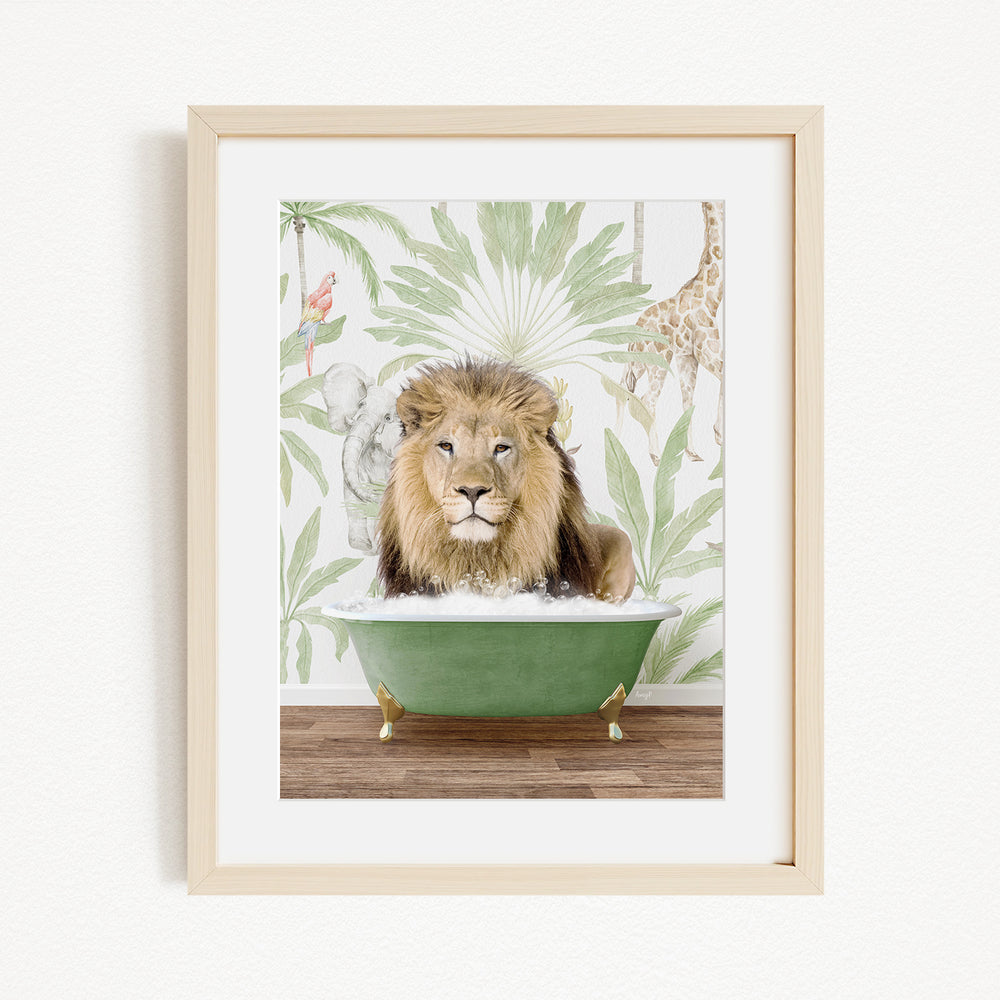 A framed image depicting a lion sitting in a green bathtub, surrounded by a tropical jungle-themed wallpaper.