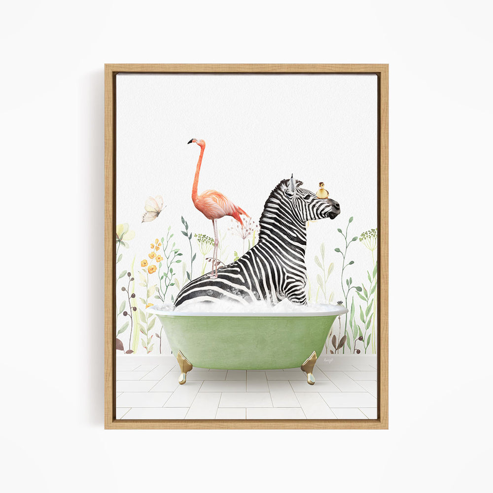A zebra is sitting in a green bathtub, surrounded by a pink flamingo, a yellow butterfly, and a green plant.