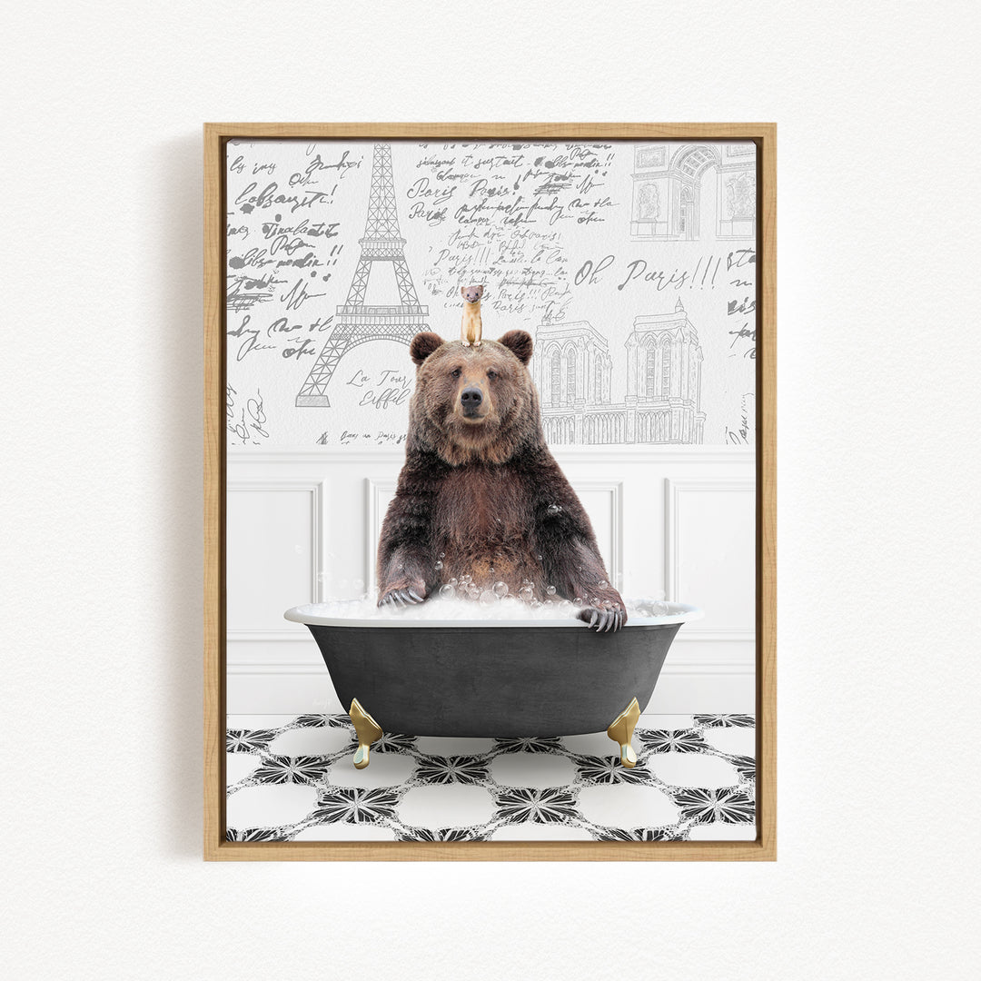 A brown bear sitting in a bathtub filled with water, surrounded by a Paris-themed background with the Eiffel Tower and other landmarks.