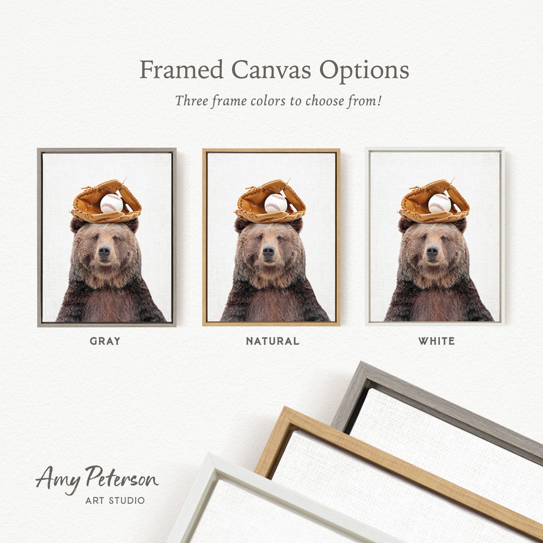 three framed canvas options, each featuring a bear wearing a baseball hat. The bear is wearing a baseball cap and a baseball glove, and the canvas options include a gray, natural, and white frame.
