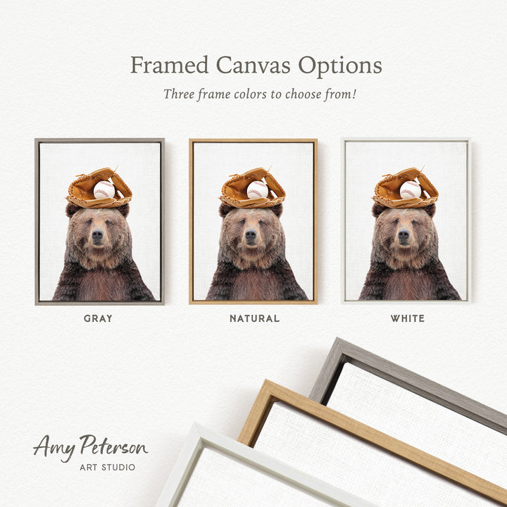 three framed canvas options, each featuring a bear wearing a baseball hat. The bear is wearing a baseball cap and a baseball glove, and the canvas options include a gray, natural, and white frame.