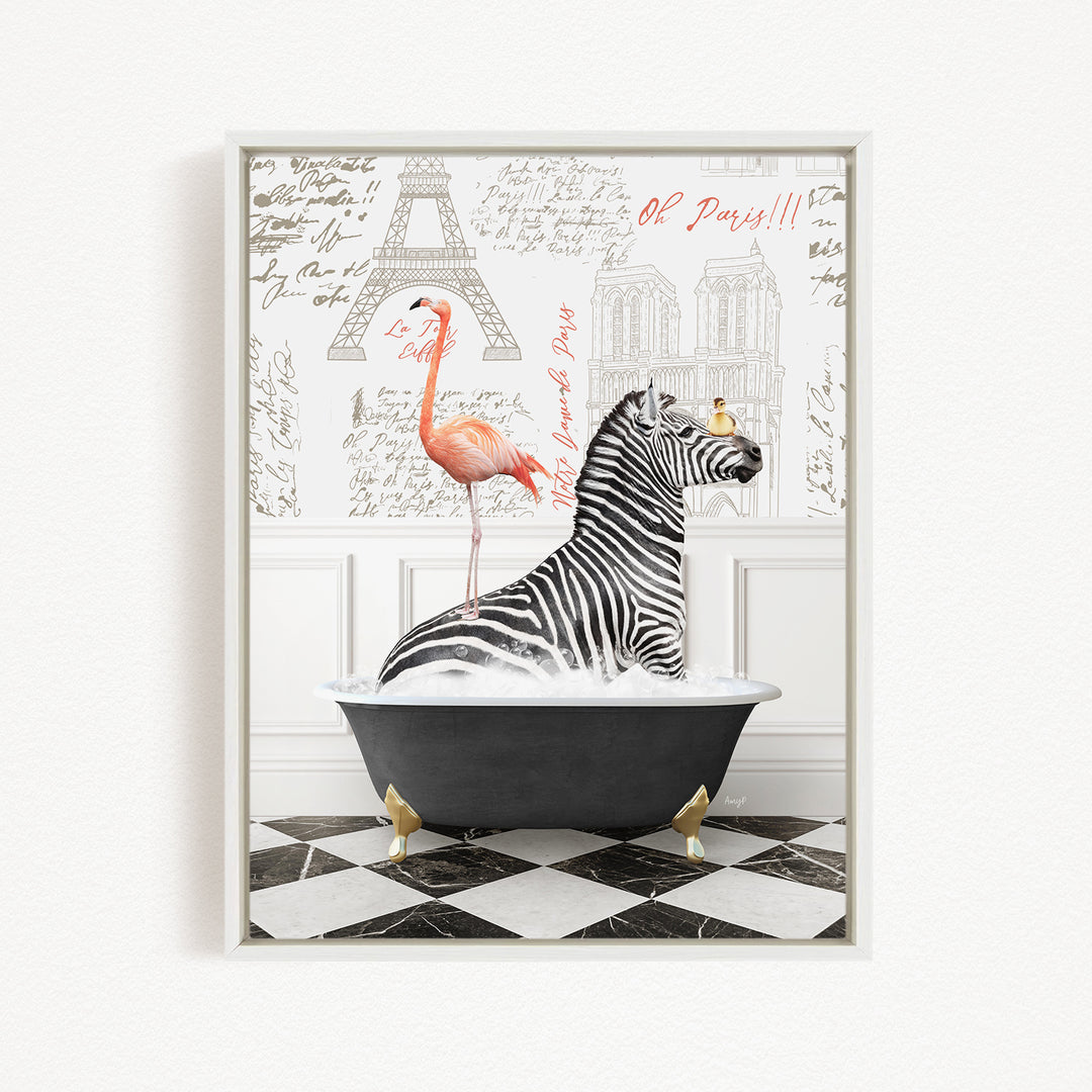 A zebra is sitting in a bathtub filled with water, with a pink flamingo standing on its back. The background features a wall with the Eiffel Tower and other Parisian landmarks.