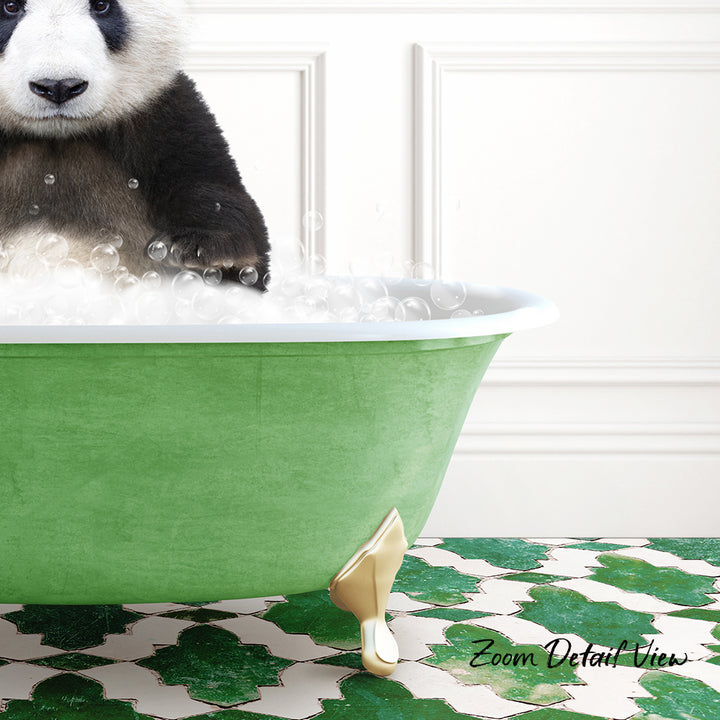 A panda bear sitting in a green bathtub filled with bubbles, with a patterned tile floor in the background.