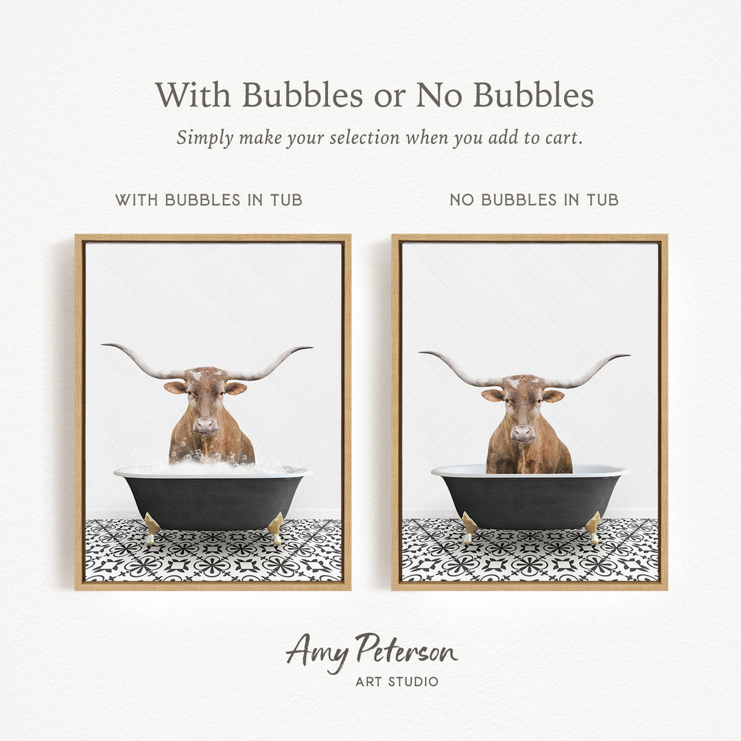 The image is a collage of two framed pictures, each featuring a bull with horns in a tub. The bull in the tub has bubbles, while the bull in the tub without bubbles is depicted in a plain white tub. The collage is titled "With Bubbles or No Bubbles" and is created by Amy Peterson from Art Studio.