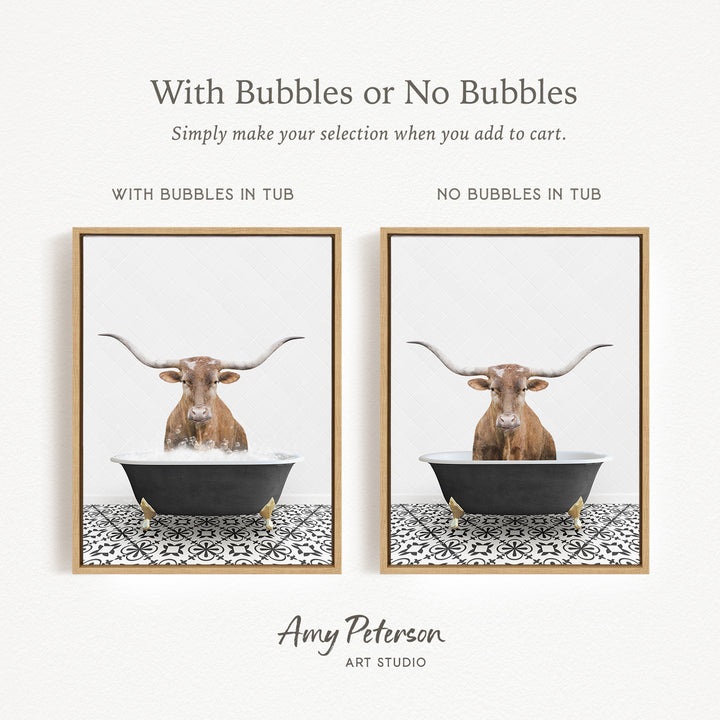 The image is a collage of two framed pictures, each featuring a bull with horns in a tub. The bull in the tub has bubbles, while the bull in the tub without bubbles is depicted in a plain white tub. The collage is titled "With Bubbles or No Bubbles" and is created by Amy Peterson from Art Studio.