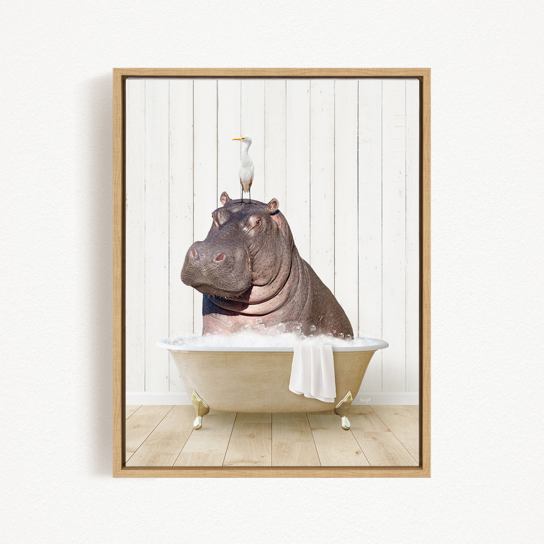 A hippopotamus sitting in a bathtub, with a seagull perched on its head.