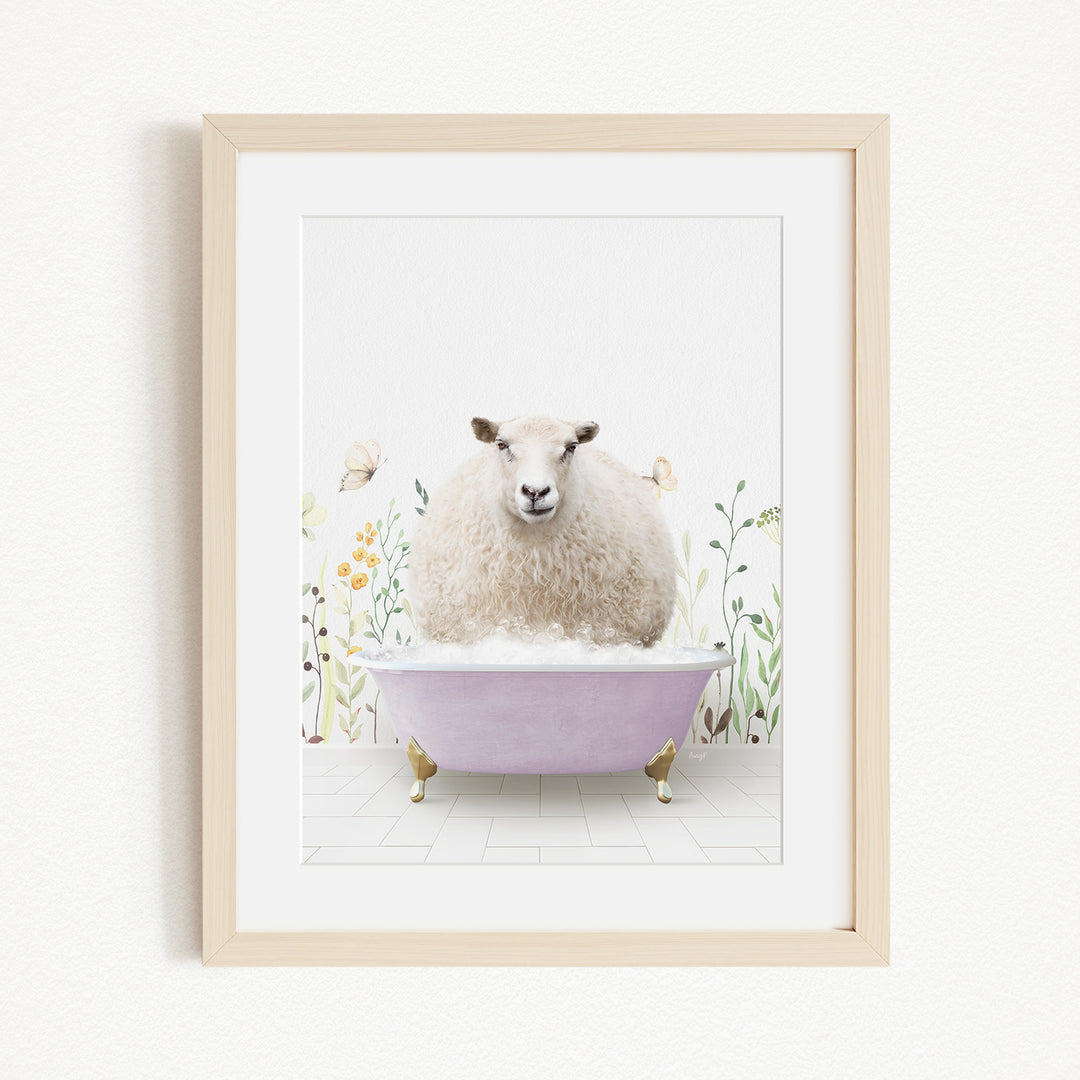 A fluffy white sheep sits in a purple bathtub, surrounded by flowers and butterflies, creating a whimsical and charming scene.