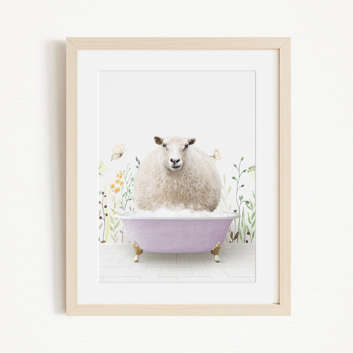 A fluffy white sheep sits in a purple bathtub, surrounded by flowers and butterflies, creating a whimsical and charming scene.