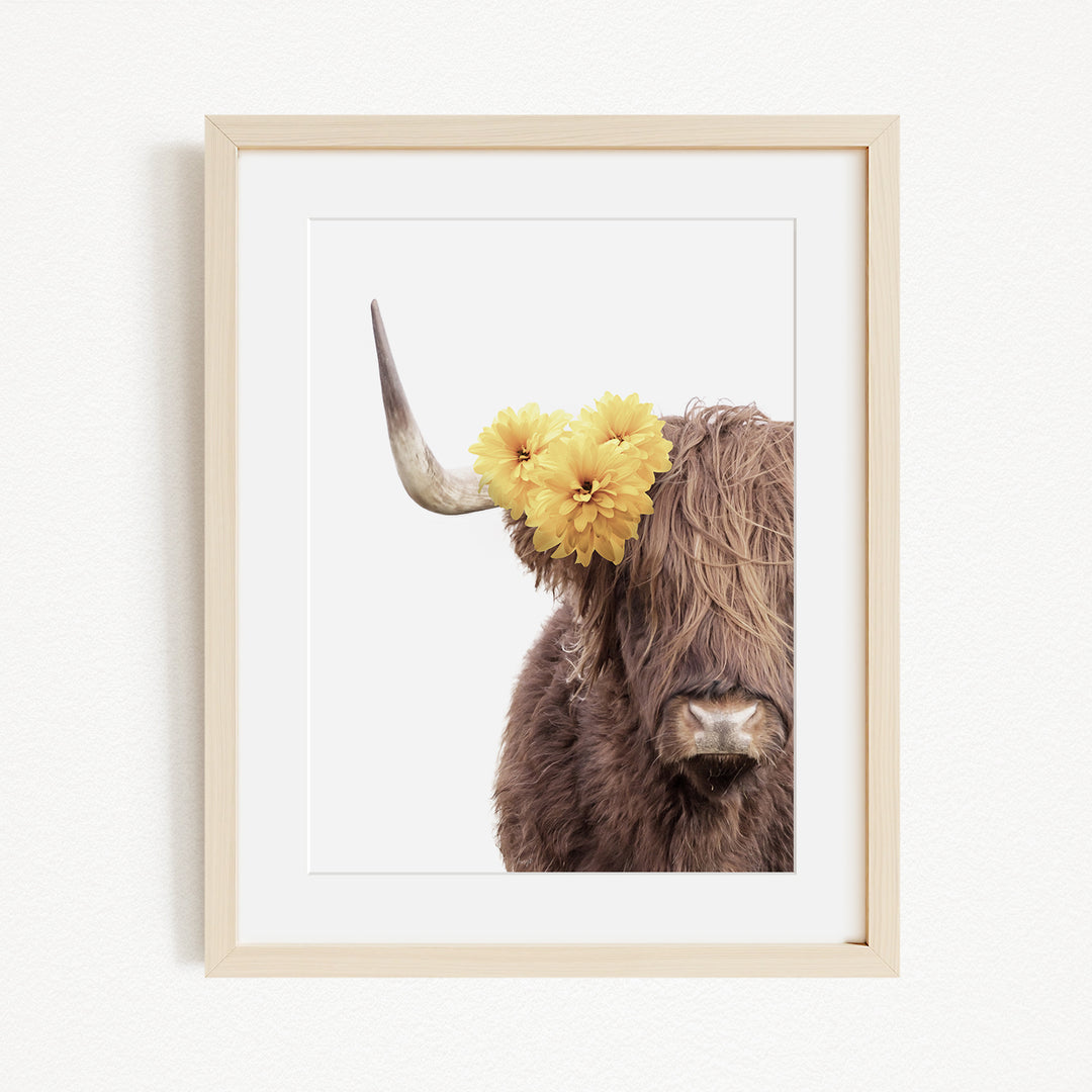 A framed image of a brown cow with yellow flowers on its horns.