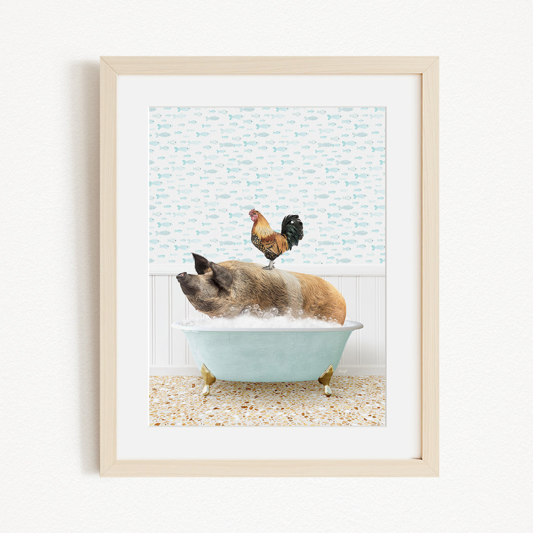 A rooster sits atop a pig in a bathtub, with a patterned wall in the background.