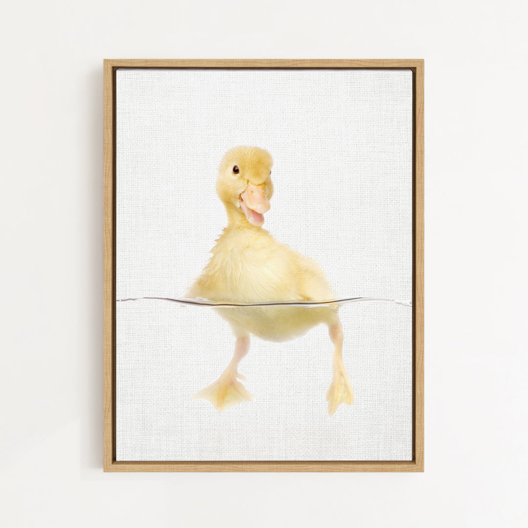 A cute yellow duckling swimming in a clear container against a white background.