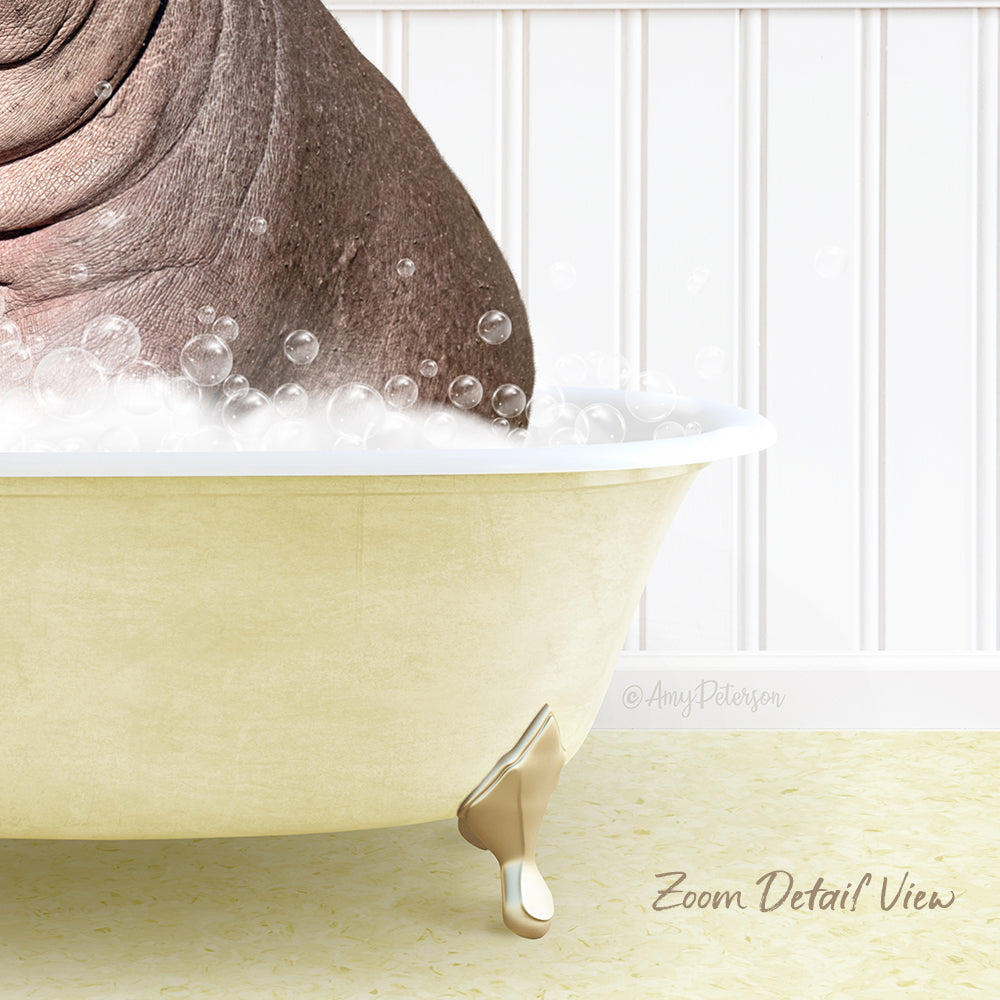 A bathtub filled with bubbles, with a large brown animal, possibly a hippopotamus, partially submerged in the water.