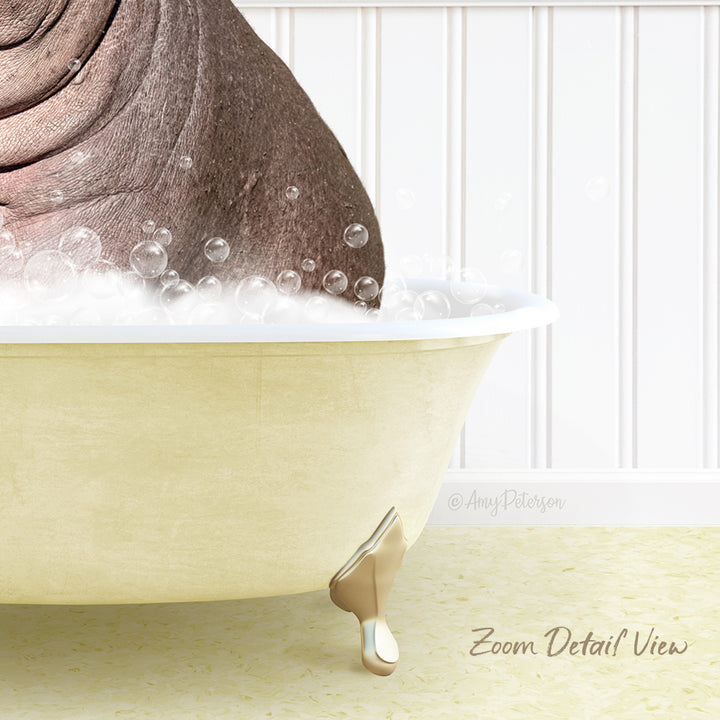 A bathtub filled with bubbles, with a large brown animal, possibly a hippopotamus, partially submerged in the water.