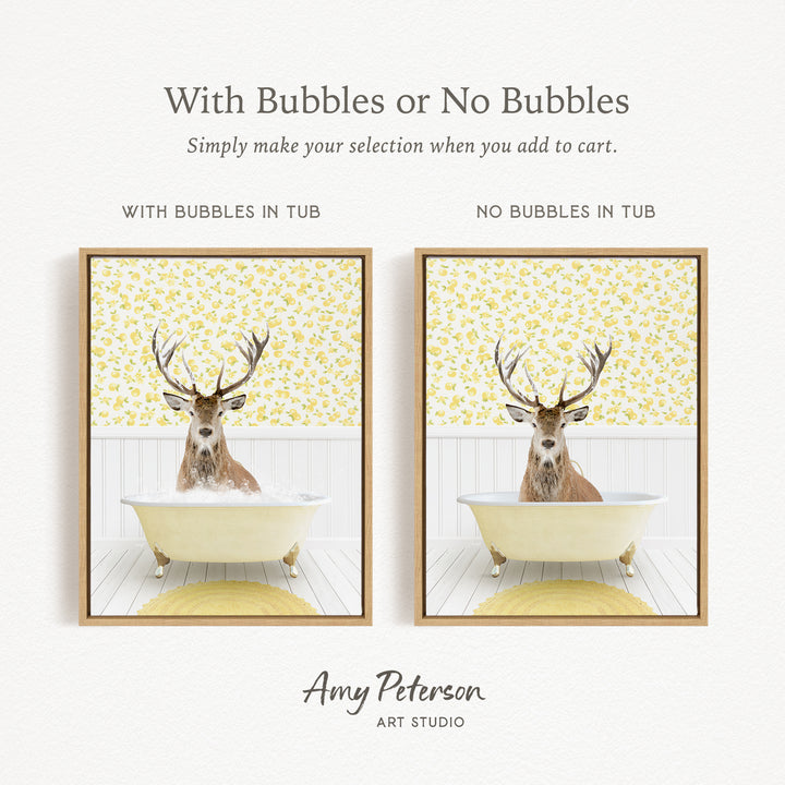 The image is a collage of two framed pictures, each featuring a deer in a bathtub. The deer has antlers and is surrounded by bubbles, creating a whimsical and playful scene.