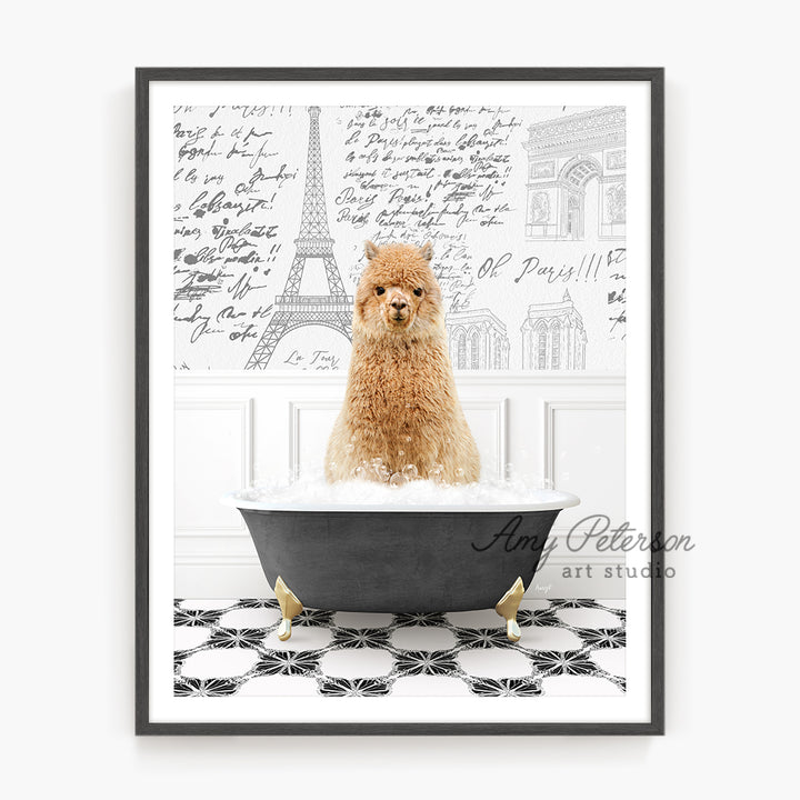 a dog is sitting in a bathtub with the eiffel tower in the