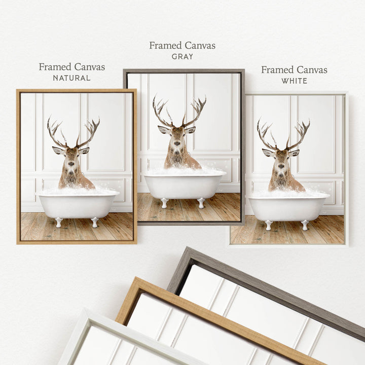 a deer head in a bathtub, with three different framed canvass sizes displayed below it.