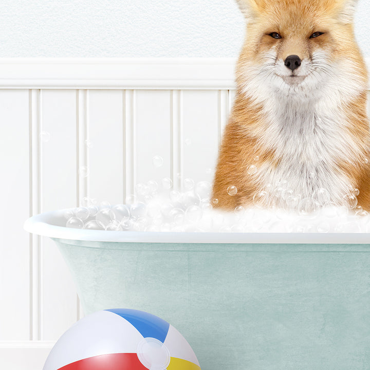 a fox in a bathtub with bubbles and a beach ball