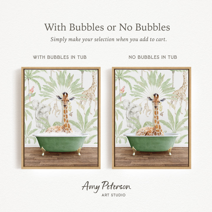 The image is a collage of two framed pictures, each depicting a giraffe in a bathtub. The text above the images reads "With Bubbles or No Bubbles Simply make your selection when you add to cart." The text below the images says "WITH BUBBLES IN TUB" and "NO BUBBLES IN TUB." The artist's name, Amy Peterson, is displayed at the bottom of the image.