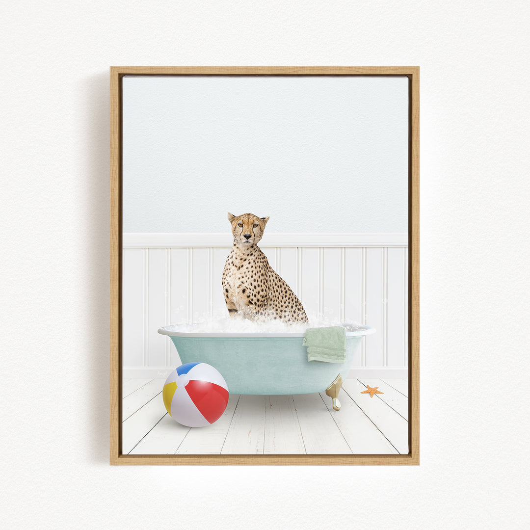 A cheetah sitting in a bathtub filled with water, surrounded by a beach ball and a towel.