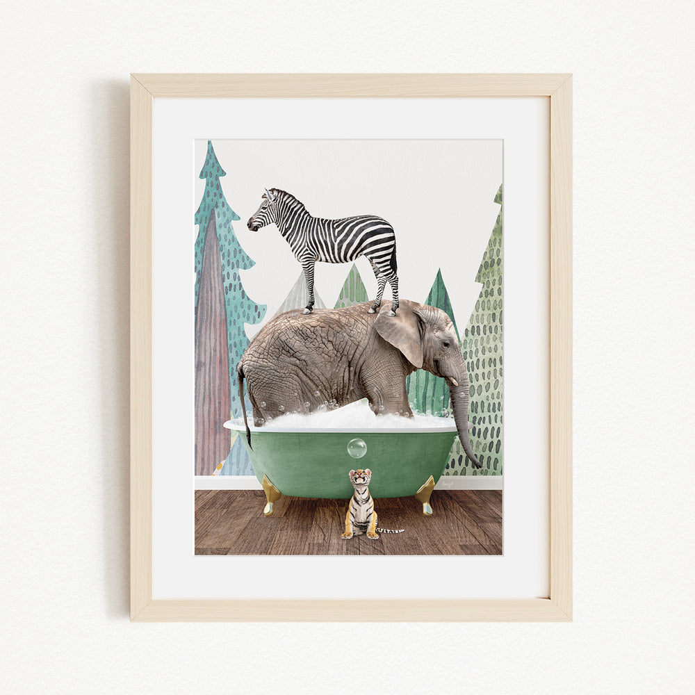 A zebra stands atop an elephant in a green bathtub, with a tiger sitting nearby, in a whimsical and playful scene.