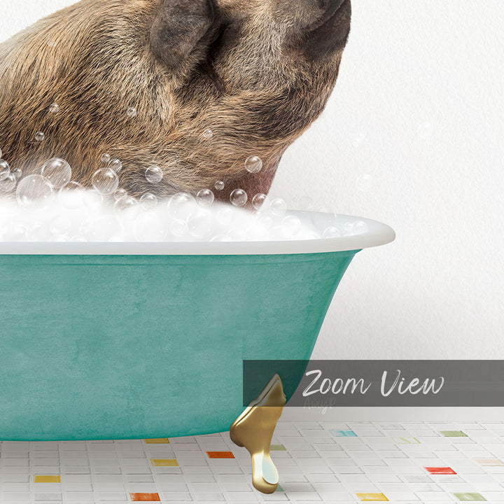 A dog is sitting in a green bathtub filled with bubbles, appearing to enjoy a bath.