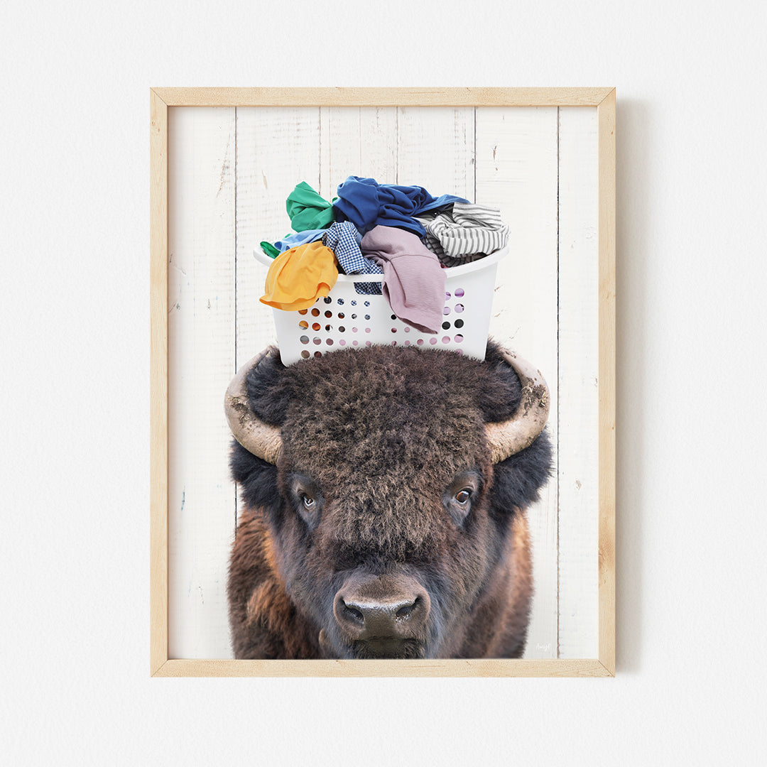 a picture of a buffalo with a laundry basket on its head