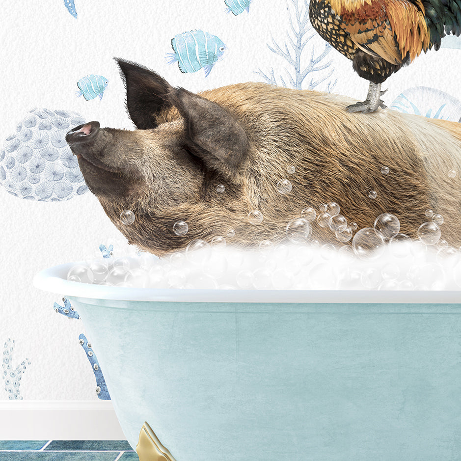 a pig in a bathtub with a chicken on top of it