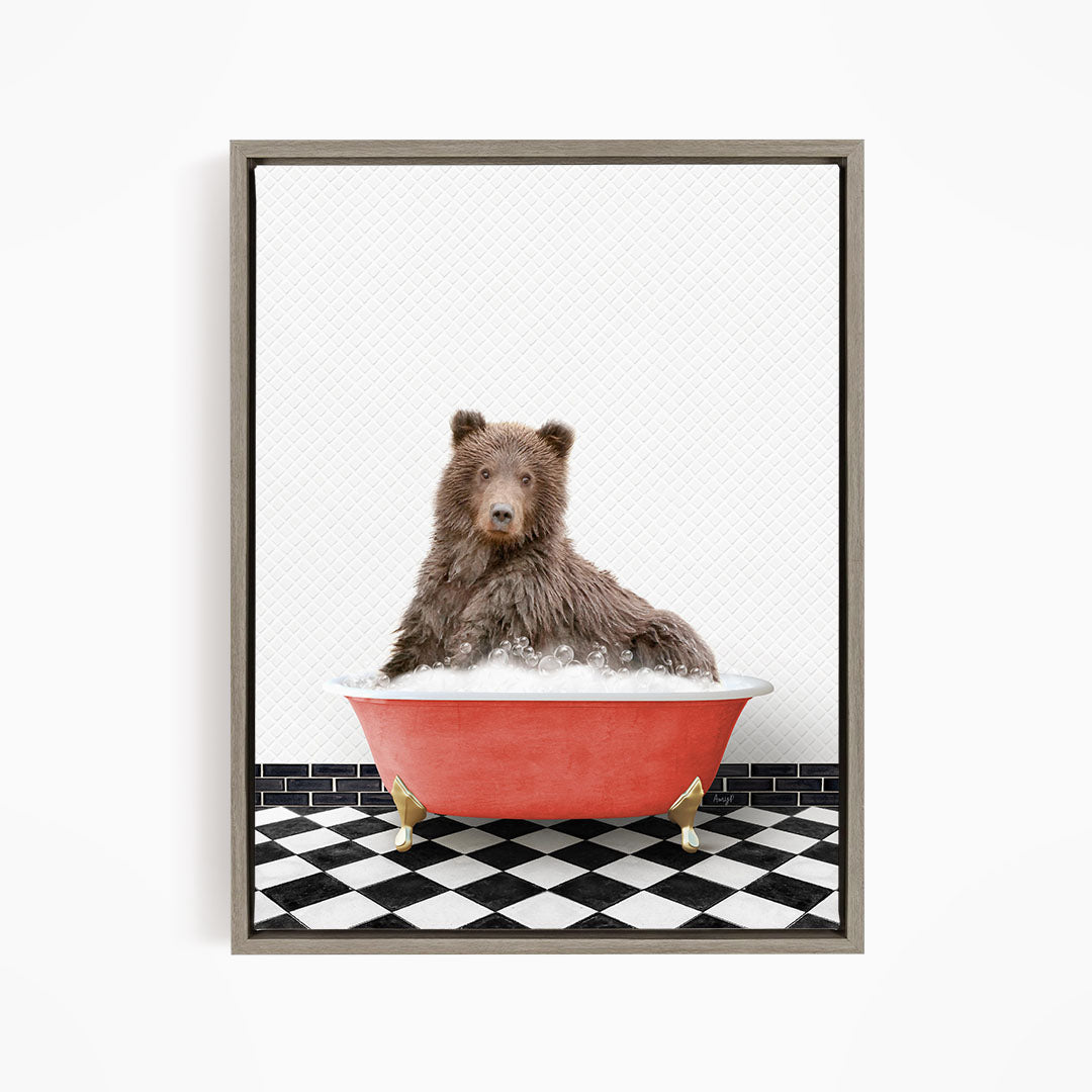 A brown bear sitting in a red bathtub filled with water, surrounded by a black and white checkered floor.