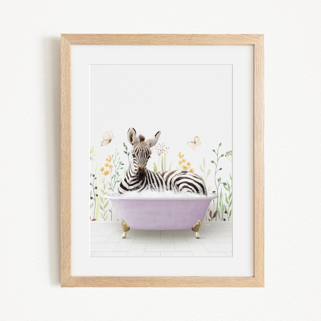 A zebra is sitting in a purple bathtub, surrounded by flowers and butterflies, in a framed artwork.