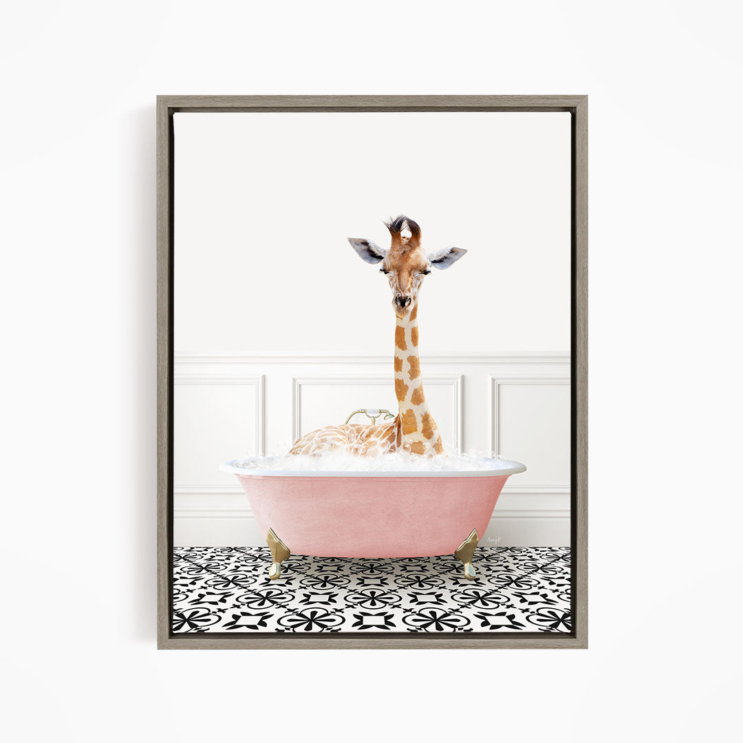 A giraffe sitting in a pink bathtub filled with bubbles, surrounded by a black and white patterned floor.
