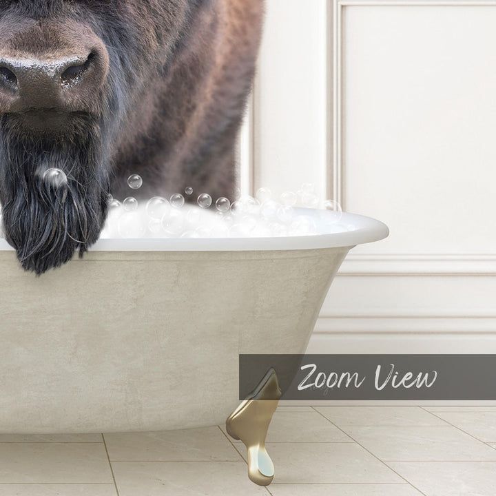 A close-up of a dog's face peeking out of a bathtub filled with bubbles, with a text overlay that reads "Zoom View".
