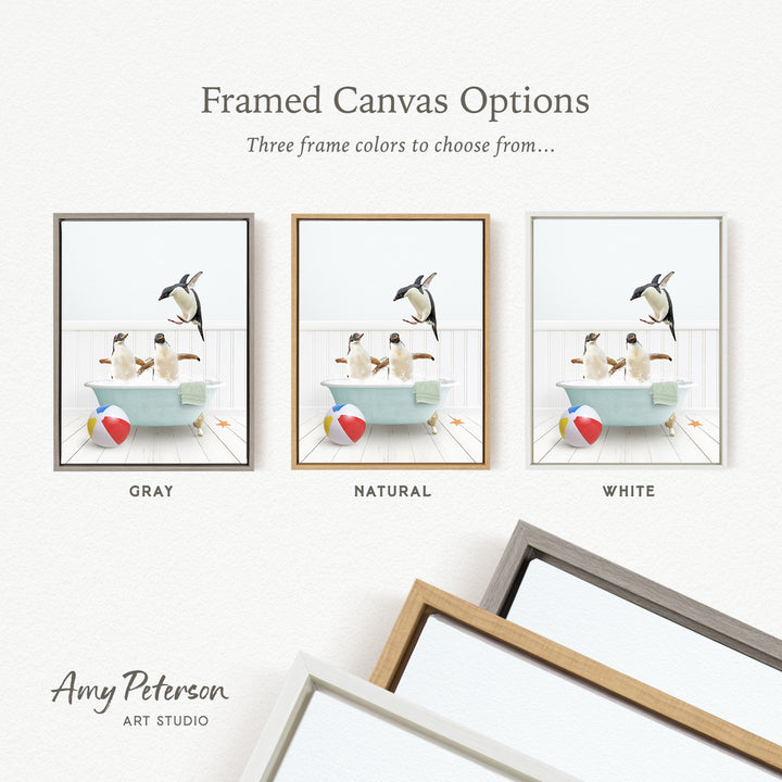 three framed canvas options, each featuring a different color: gray, natural, and white. The text above the images reads " Framed Canvas Options Three frame colors to choose from...".