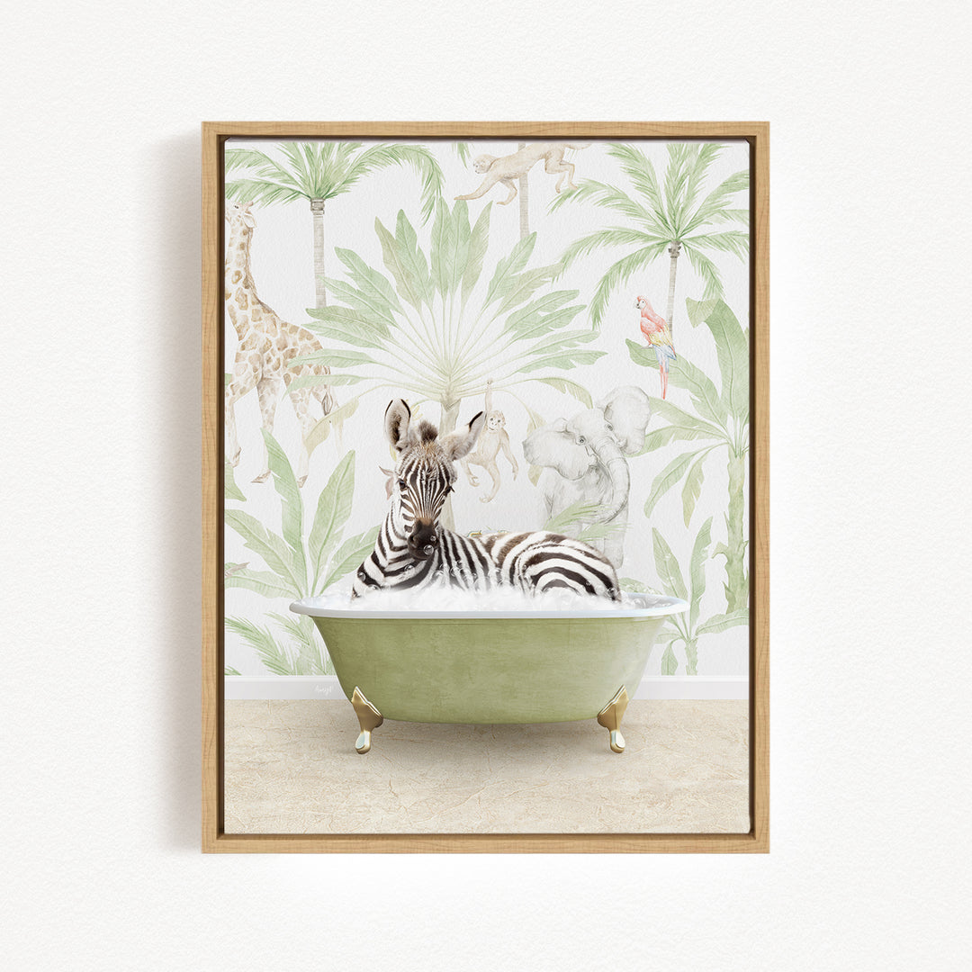 A zebra is sitting in a green bathtub, surrounded by tropical foliage and animals, creating a whimsical and playful scene.