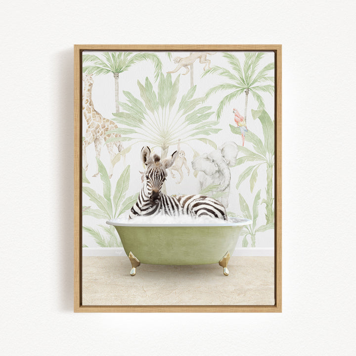 A zebra is sitting in a green bathtub, surrounded by tropical foliage and animals, creating a whimsical and playful scene.