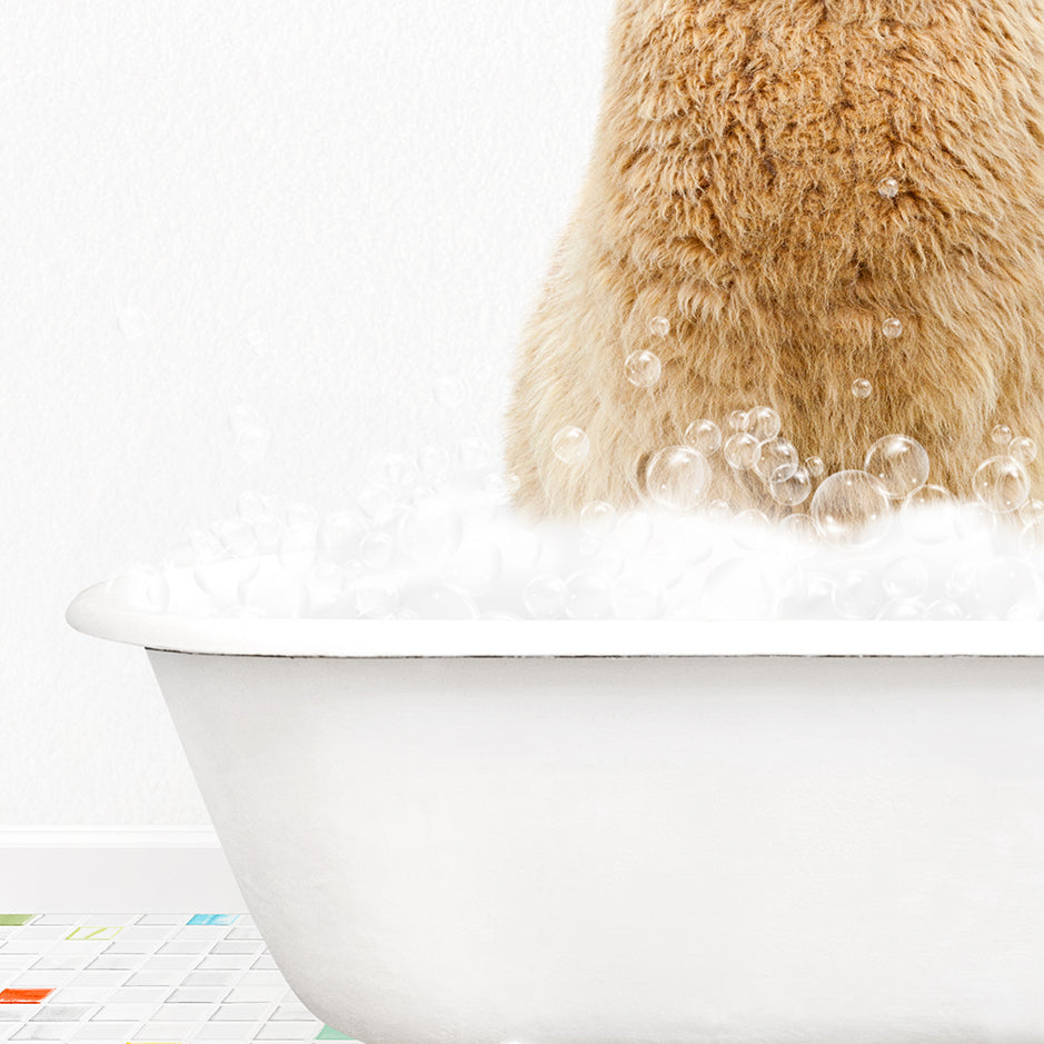 a brown bear sitting in a bathtub full of bubbles