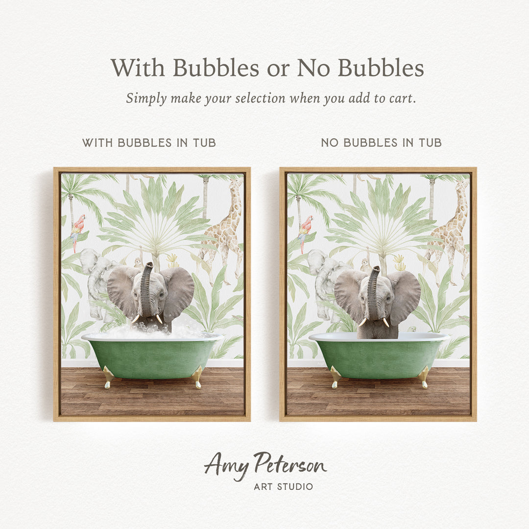 The image is a collage of two framed pictures, each depicting an elephant sitting in a bathtub. The text above the images reads "With Bubbles or No Bubbles" and below the images, it says "Simply make your selection when you add to cart."