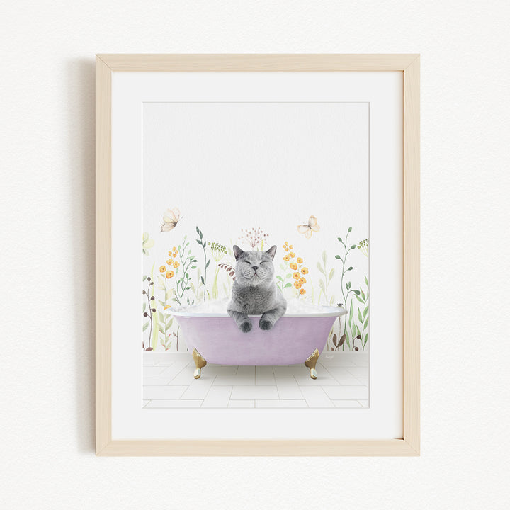 A gray cat sitting in a purple bathtub, surrounded by flowers and butterflies, creating a whimsical and serene scene.