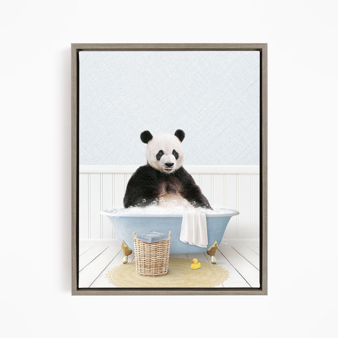 A panda bear sitting in a bathtub filled with bubbles, surrounded by rubber ducks and a basket.