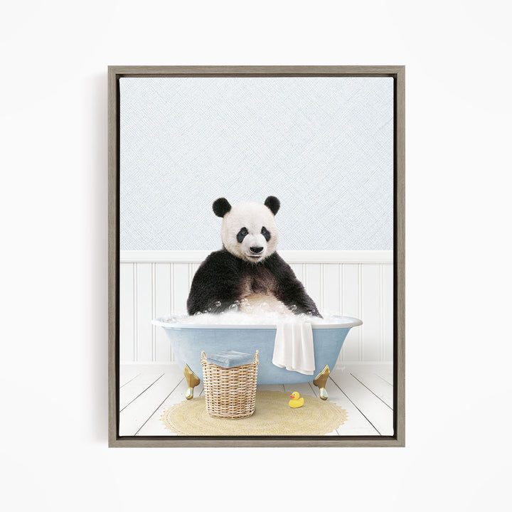A panda bear sitting in a bathtub filled with bubbles, surrounded by rubber ducks and a basket.