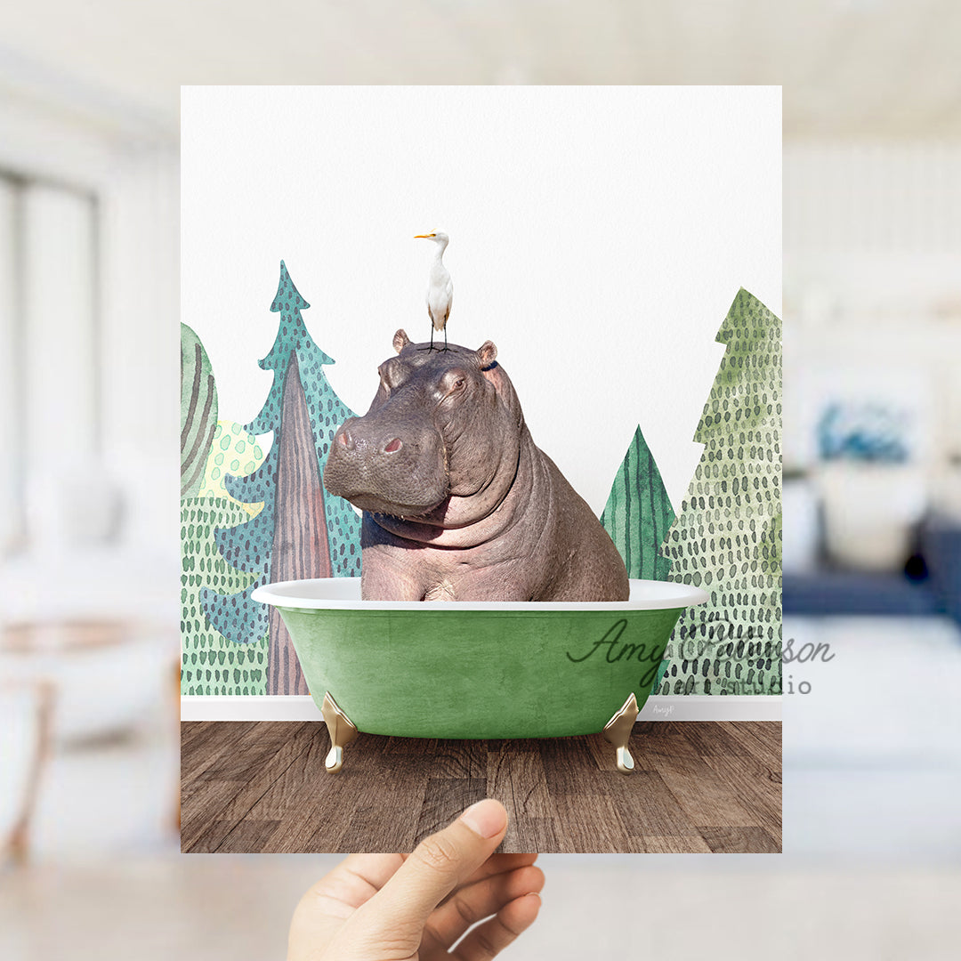 a hippo sitting in a green bathtub with a bird on top of it