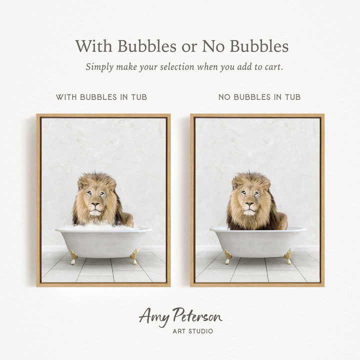 The image is a collage of two pictures featuring a lion sitting in a bathtub. The lion is depicted in both a tub with bubbles and a tub without bubbles, allowing viewers to choose which version they prefer.
